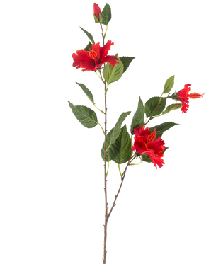 Den kunstige blomst Hibiscus 89 cm rød har en enkelt stilk med tre levende røde hibiscus blomster og frodige grønne blade mod en hvid baggrund.