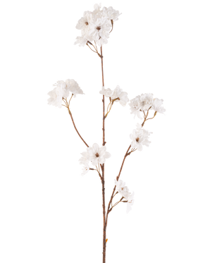 Artificial Flower Cherry Blossom 85 cm cremen har en slank brun stilk med flere grene, der holder bundter af sarte creme kunstige kirsebærblomster, alt sammen mod en almindelig hvid baggrund.