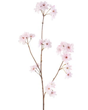 Artificial Flower Cherry Blossom 85 cm lys pink har en enkelt slank brun stilk med klaser af sarte lys pink kirsebærblomster, smukt isoleret på en hvid baggrund.