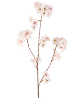 Den Artificial Flower Cherry Blossom 85 cm blush har en enkelt brun stilk med flere grene, hver dekoreret med sarte blomstrende pink kirsebærblomster, mod en almindelig hvid baggrund.