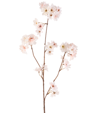 Den Artificial Flower Cherry Blossom 85 cm blush har en enkelt brun stilk med flere grene, hver dekoreret med sarte blomstrende pink kirsebærblomster, mod en almindelig hvid baggrund.