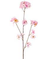 Artificial Flower Cherry Blossom 85 cm pink har en enkelt brun stilk med flere grene, hver dekoreret med bundter af sarte lyserøde kunstige kirsebærblomster, mod en almindelig hvid baggrund.