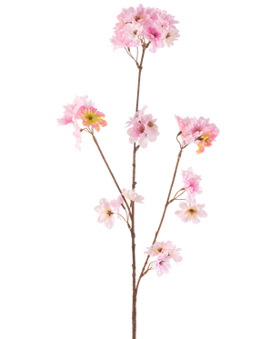 Artificial Flower Cherry Blossom 85 cm pink har en enkelt brun stilk med flere grene, hver dekoreret med bundter af sarte lyserøde kunstige kirsebærblomster, mod en almindelig hvid baggrund.