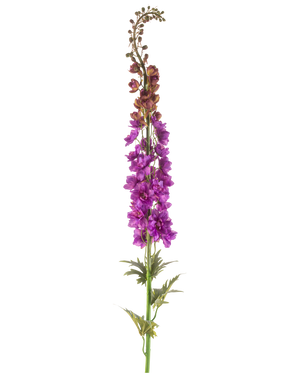Artificial Flower Larkspur 137 cm lilla har en høj grøn stilk med dybt fligede blade og klaser af levende lilla blomster langs toppen, mod en hvid baggrund.