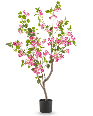 Den kunstige bougainvillea 120 cm har flere grene, grønne blade og klaser af levende lyserøde blomster mod en almindelig hvid baggrund.