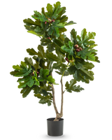 Den kunstige plante Ficus Carica Figentræ 120 cm har frodige grønne blade og små brune frugter i en sort potte, mod en almindelig hvid baggrund.