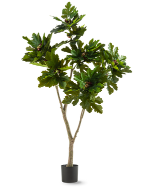 Kunstplanten Ficus Carica Figentræ 180 cm er en kunstig plante i potte med brede, blanke grønne blade og små brune frugter, der ligner et figentræ, mod hvid baggrund.