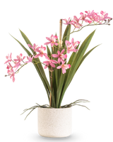 Den kunstige plante Mini Cymbidium Real Touch 45 cm pink har lange grønne blade og flere lyserøde blomsterstængler, arrangeret i en enkel potte med hvid tekstur og mod en almindelig baggrund.