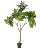 Den kunstige plante Ficus Carica figentræ 210 cm har flere grene, frodige grønne blade og flere umodne figner mod en almindelig hvid baggrund.