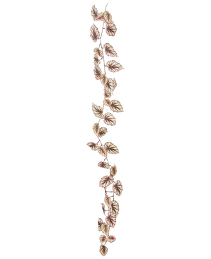 Den kunstige Begonia-guirlande 180 cm UV har en enkelt, tynd ranke dekoreret med mange små grønne og lyserøde blade, alt sammen mod en skarp hvid baggrund.