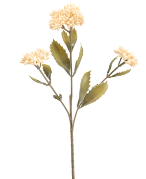 Artificial Flower Kalanchoe 47 cm cremen har en enkelt kunstig stilk med tre bundter af små, lyse cremefarvede blomster og grønne takkede blade, mod en almindelig hvid baggrund.