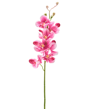 En kunstig blomsterorkidé 55 cm lilla med flere livlige lilla-lyserøde blomster og knopper står mod en almindelig hvid baggrund.