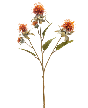 Artificial Flower Safflower 57 cm gammel appelsin har en enkelt stilk med tre spidse, tidsellignende orange blomster og flere grønne blade, isoleret på en hvid baggrund.