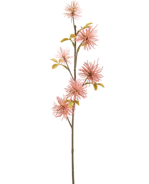 Den kunstige blomst Xanthium 53 cm gammel pink har en lang, slank stilk med tjavsede lyserøde kunstige blomster og grøn-gule blade mod en almindelig hvid baggrund.