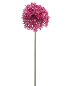 Artificial Flower Mini Allium 60 cm lilla har en lang grøn stilk, der er overgået af en stor, kugleformet klase af små lilla lilla stjerneformede blomster, afbildet på en hvid baggrund.