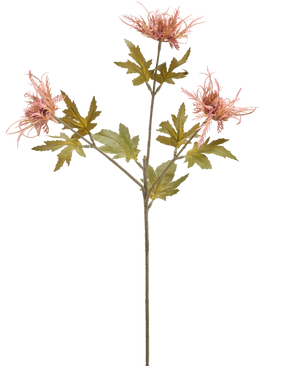 En enkelt stilk af kunstig blomstertidsel 60 cm orange med tre orange, spidse blomster og flere takkede grønne blade, isoleret på en hvid baggrund.