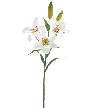 Den kunstige blomsterlilje 78 cm hvid har en enkelt stilk med tre åbne hvide liljeblomster, et lyserødt plettet hjerte, to lukkede knopper og grønne blade, mod en almindelig hvid baggrund.