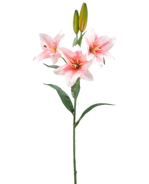 En enkelt stilk af kunstig blomsterlilje 78 cm hvid/pink har tre lyserøde og hvide liljer i blomst, to lukkede knopper og grønne blade, mod en almindelig hvid baggrund.