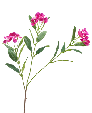Den kunstige blomst Catharanthus 68 cm lilla har bundter af levende lilla blomster og slanke grønne blade på en hvid baggrund.