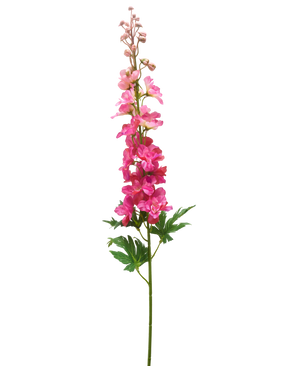 En enkelt stilk af Artificial Flower Delphinium 79 cm fuchsia med livlige lagdelte blomster, grønne blade og uåbnede knopper, mod en hvid baggrund.