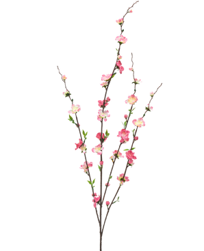 Den kunstige blomsterblomst 93 cm fuchsia/pink har tre slanke grene med små grønne blade og bundter af fuchsia og lyserøde blomster, isoleret på en hvid baggrund.