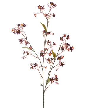 Artificial Flower Daphne 108 cm bordeaux har en enkelt stilk med flere tynde grene, små mørkelilla og lyserøde blomster med et gult hjerte og et par grønne blade mod en almindelig hvid baggrund.