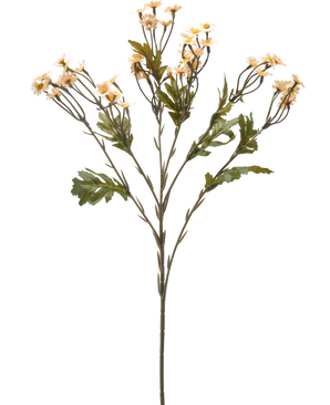 Artificial Flower Mini Daisy 61 cm cremen er en enkelt kunstig blomsterstængel med flere grene, grønne blade og små cremefarvede tusindfrydlignende blomster mod en almindelig hvid baggrund.