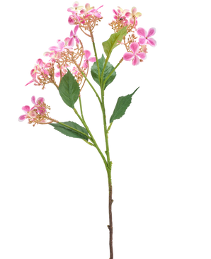 Artificial Flower Wild Hydrangea 62 cm pink har en enkelt stilk med flere bundter af små lyserøde og hvide blomster og grønne blade, isoleret på en hvid baggrund.