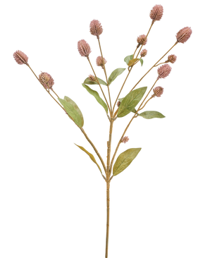 Artificial Flower Globosa 69 cm lilla er en enkelt kunstig stilk med flere grene, aflange grønne blade og bundter af små lilla lilla blomsterknopper, mod en hvid baggrund.