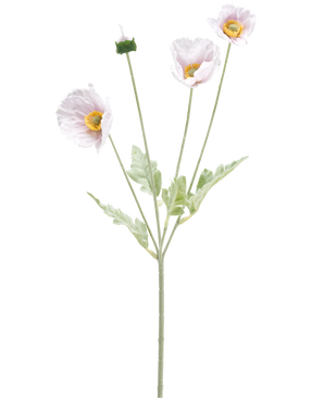 Artificial Flower Poppy Real Touch lilla 60 cm har en enkelt stilk med tre lyslilla valmueblomster, en lukket knop, gule hjerter, sarte kronblade og lysegrønne blade på en hvid baggrund.