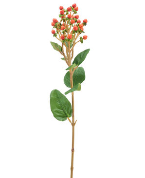 En enkelt kunstig blomst Hypericum på 65 cm med klaser af små orange/røde bær og grønne blade mod en lys baggrund.