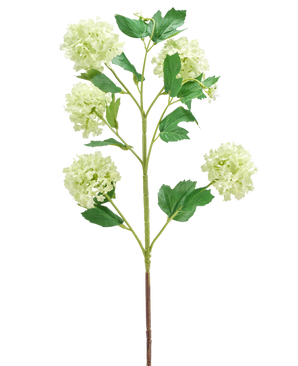 Den kunstige blomstersnebold 77 cm grønne har en enkelt grøn stilk med flere grene, hver dekoreret med bundter af runde, lysegrønne blomster og flere grønne blade, alle isoleret på en hvid baggrund.