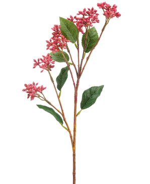 The Artificial Flower Japanese Berry 62 cm mørk pink har en enkelt kunstig stilk med bundter af små mørke pink blomster og nogle grønne blade, mod en hvid baggrund.