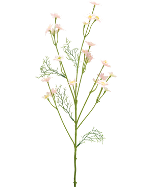 Artificial Flower Wild Flower 68 cm lys pink har en enkelt grøn stilk med fjeragtige blade og flere grene dekoreret med små, lys pink blomster, mod en almindelig hvid baggrund.