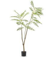 Den kunstige plante Mahonia 150 cm er et højt kunstigt træ i en potte med slanke brune stammer og lange, smalle grønne blade, afbildet mod en almindelig hvid baggrund.