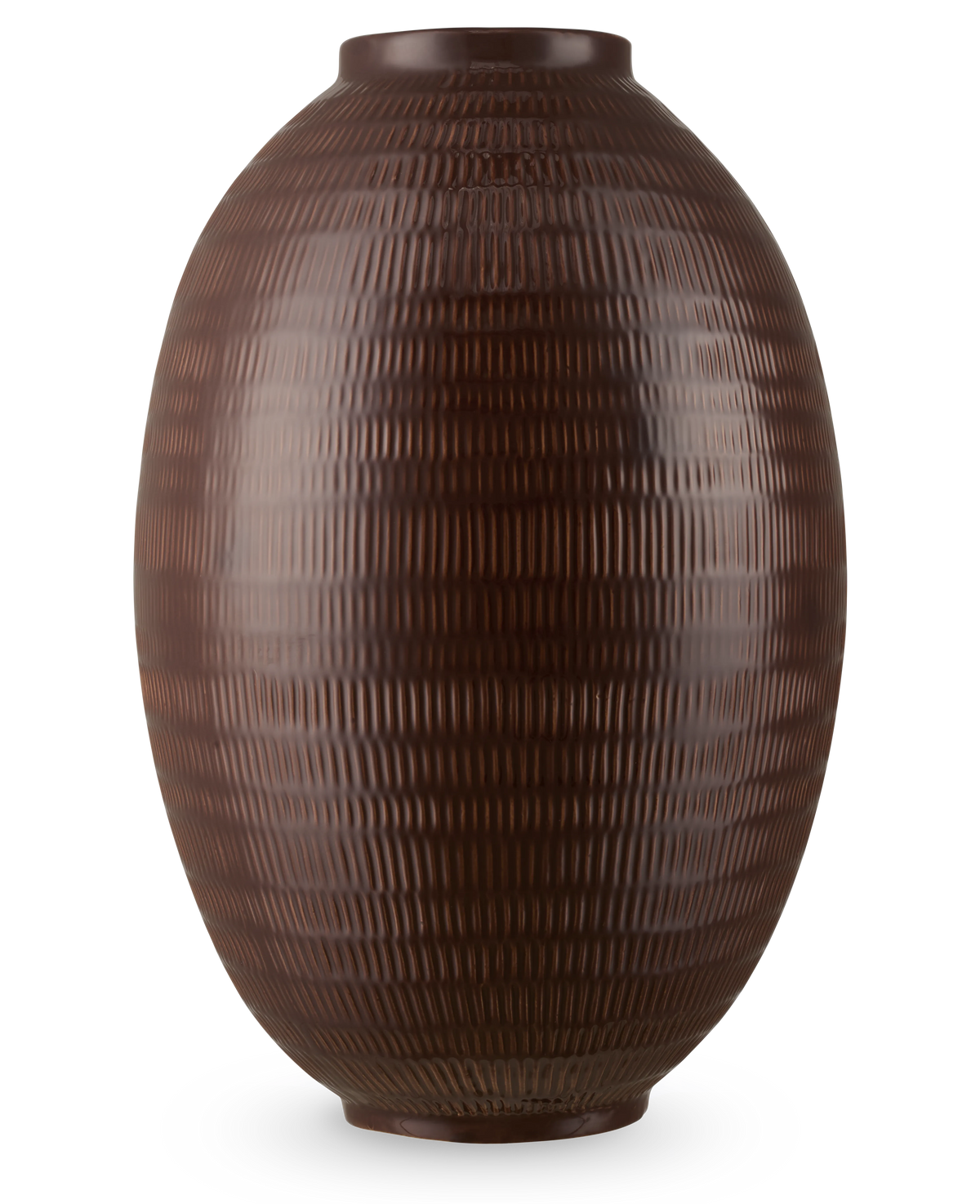 Vase Earth Nest 36 cm brun er en stor, mørkebrun, oval vase med et struktureret mønster af lodrette og vandrette linjer mod en almindelig hvid baggrund.
