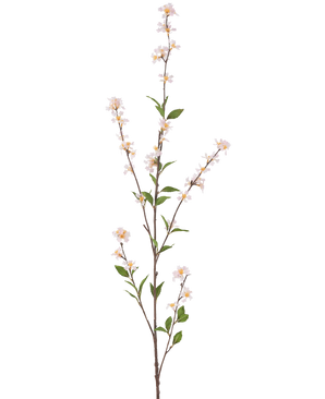 Artificial Flower Flowers 119 cm blush er en høj, slank kunstig gren med sarte hvide blomster og grønne blade over hele længden, mod en almindelig hvid baggrund.