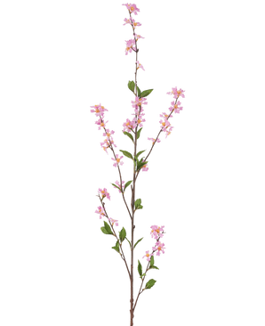 De kunstige blomsterblomster 119 cm pink har en høj enkelt gren med små lyserøde blomster og grønne blade på tynde brune stængler, mod en almindelig hvid baggrund.