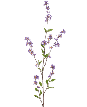 De kunstige blomsterblomster 119 cm lilla har en høj, slank gren med bundter af små lilla blomster og grønne blade, perfekt til at lyse ethvert rum op.