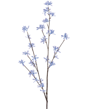 Artificial Flower Wildflowers 112 cm blå har en enkelt brun gren med flere tynde udløbere, hver dekoreret med små, sarte lyseblå blomster, mod en almindelig hvid baggrund.