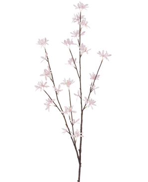 The Artificial Flower Wildflowers 112 cm lys pink er en enkelt brun gren med flere tynde stængler, hver dekoreret med små, sarte lys pink blomster, vist på en almindelig hvid baggrund.