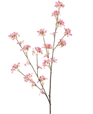 De kunstige blomsterblomster 112 cm pink har en enkelt brun gren med flere udløbere, dekoreret med bundter af små lyserøde blomster med et gult hjerte, mod en almindelig hvid baggrund.