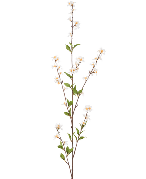 Artificial Flower Flowers 119 cm cremen har en enkelt høj gren med cremefarvede blomster og grønne blade langs de slanke brune stængler, mod en almindelig hvid baggrund.