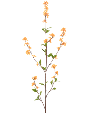 En høj, slank kunstig blomst Blomster 119 cm gul med flere udløbere med bundter af små gule blomster og grønne blade, isoleret på en hvid baggrund.