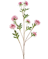 Den Kunstige Blomst Kornblomst 112 cm pink har en lang stilk med grønne blade og flere lyserøde, luftige, dahlia-lignende blomster mod en hvid baggrund.