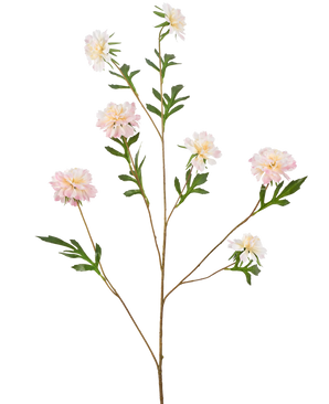 Den Kunstige Blomst Kornblomst 112 cm lys pink har en lang, tynd stilk med flere grene, hver med lys pink pæon-lignende blomster og grønne blade, mod en almindelig hvid baggrund.