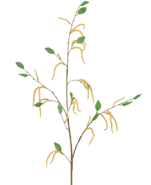 Den kunstige blomsteramaranth 147 cm gul består af en slank gren med grønne blade og flere hængende gule rakler, afbildet på en hvid baggrund.