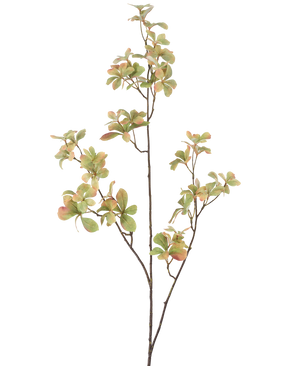 Den kunstige blomstergren 112 cm grøn har en slank, forgrenet stilk med klynger af grønne blade, der er lyserøde og cremefarvede, mod en almindelig hvid baggrund.