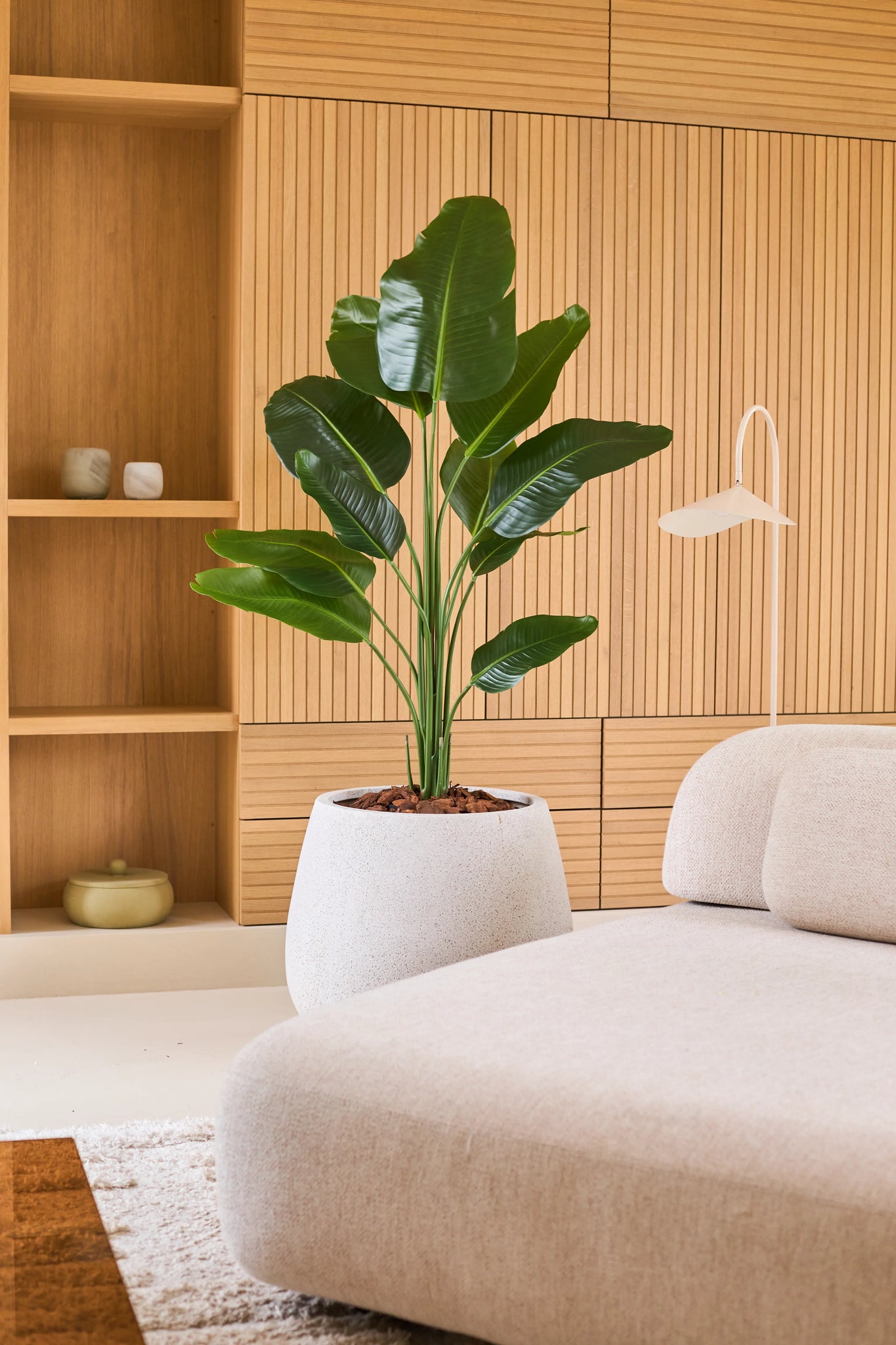 Een Kunstplant Strelitzia 150 cm real touch2 met natuurgetrouwe bladeren staat naast een moderne beige bank in een kamer met houten lambrisering en ingebouwde planken die zijn versierd met minimalistische decoraties.