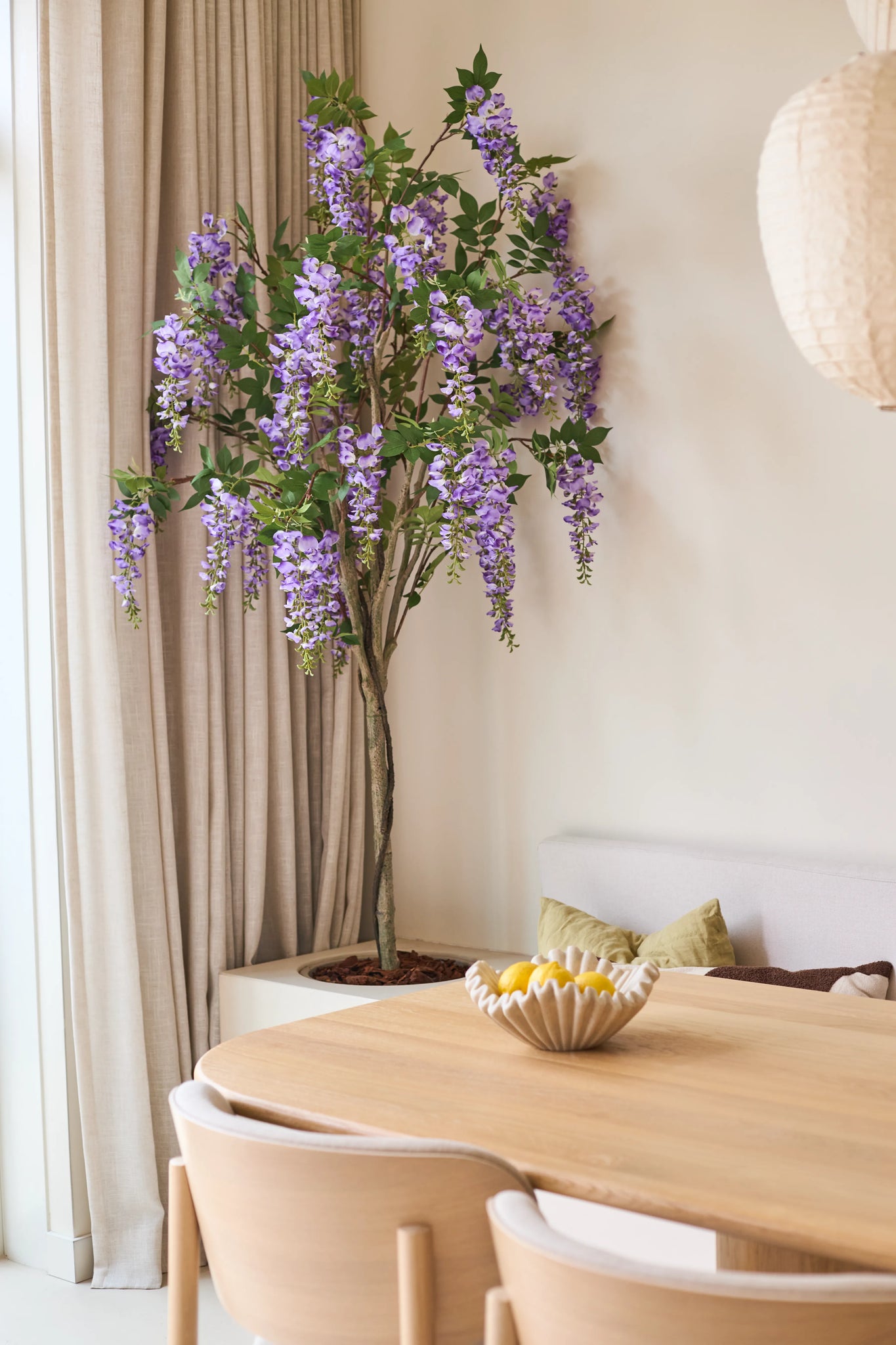 En kunstig Wisteria-plante på 180 cm med lilla-blå blomsterklaser står nær et vindue med beige gardiner, ved siden af et træbord med en skål citroner og en bænk med grønne puder.